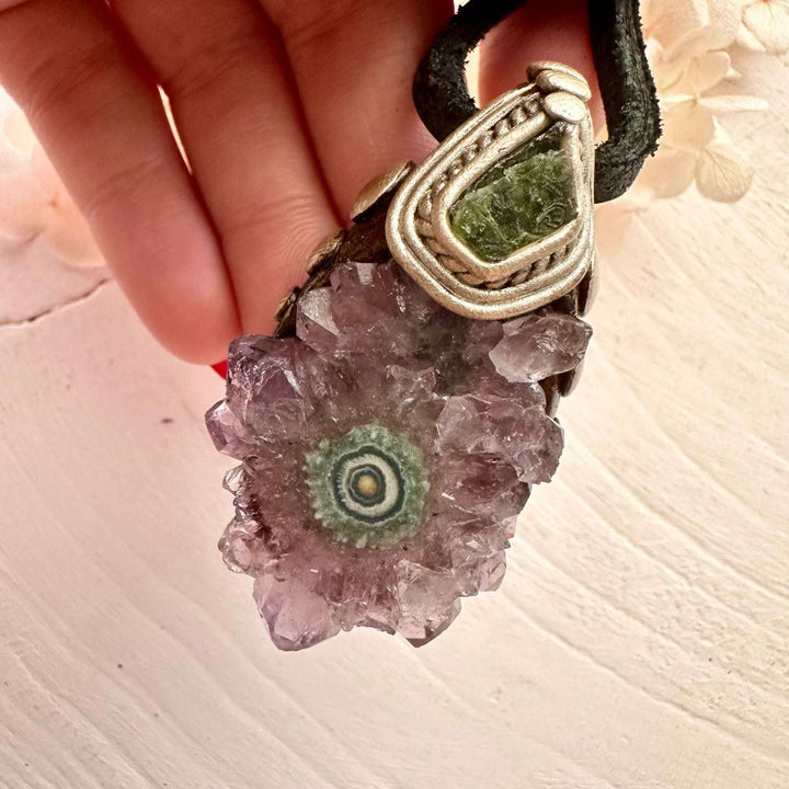 Amethyst Stalactite and Raw Moldavite Crystal Necklace - FairyGardenGlow