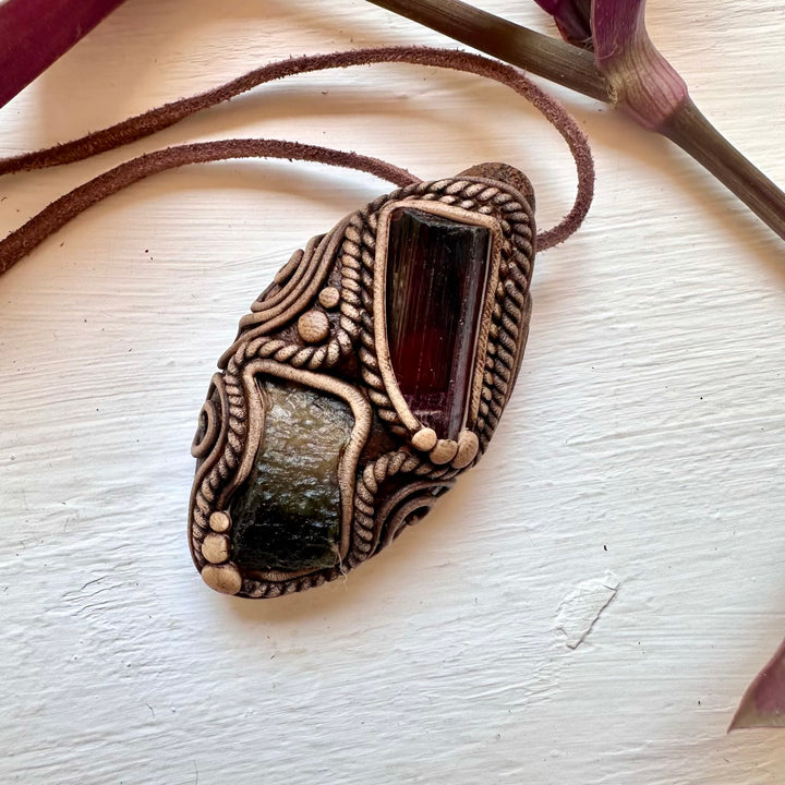 Rubellite Tourmaline and Moldavite Pendant Necklace - FairyGardenGlow