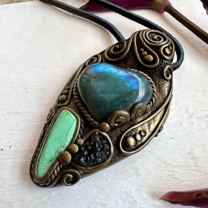 Labradorite Heart Chrysoprase and Moldavite Necklace - FairyGardenGlow