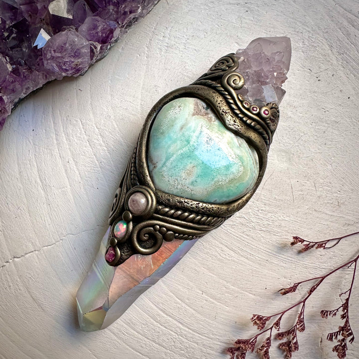 Angel Aura Lemurian Quartz Spirit Quartz Caribbean Calcite Heart Morganite Opal Spinel and Ruby Wand - FairyGardenGlow