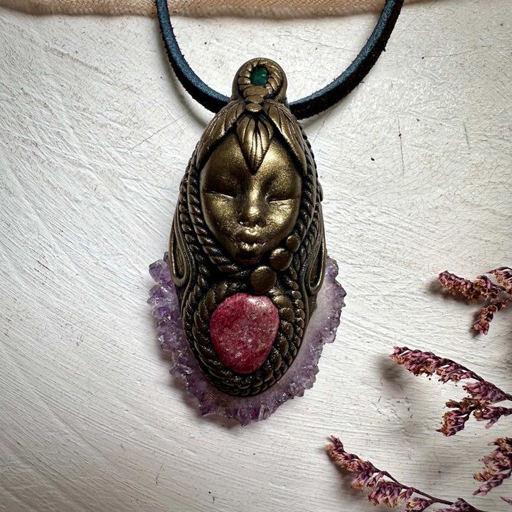 Amethyst Stalactite Thulite and Black Opal Goddess Necklace - FairyGardenGlow