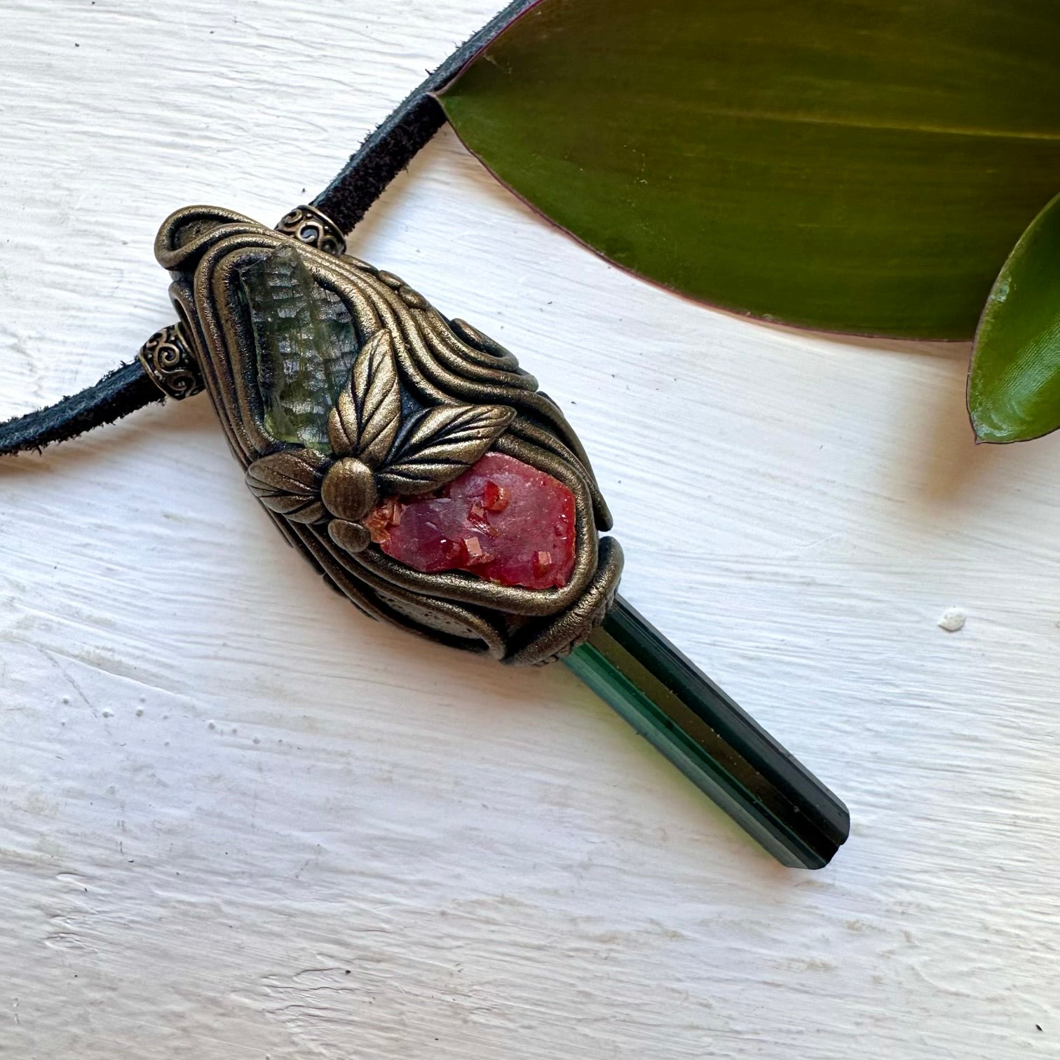 Blue-Green Tourmaline Vanadinite and Moldavite Necklace, Healing Crystal Jewelry - FairyGardenGlow