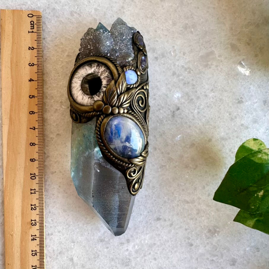 Aqua Aura Quartz Rainbow Moonstone Aqua Aura Spirit Quartz Australian Opal and Tanzanite Third Eye Healing Crystal Wand - FairyGardenGlow