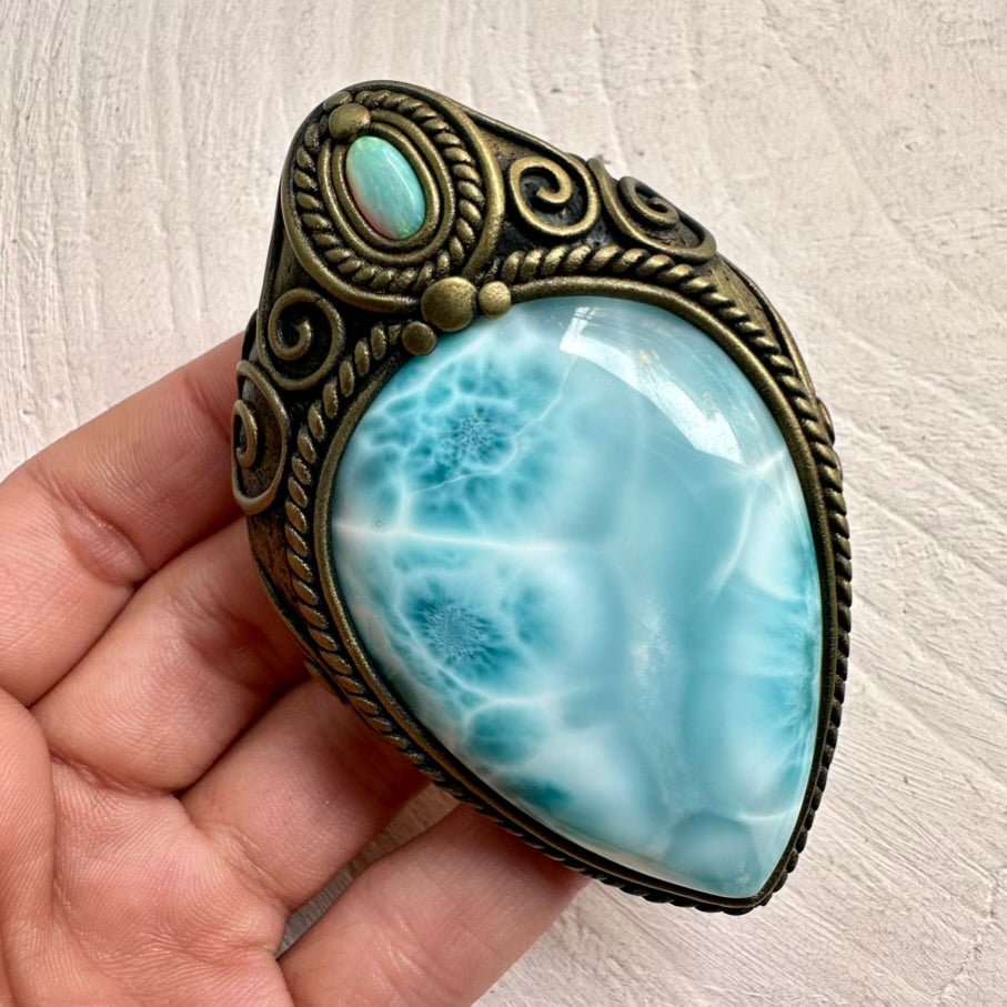 Large Larimar and Australian Opal Crystal Necklace, Unique Gemstone Pendant FairyGardenGlow