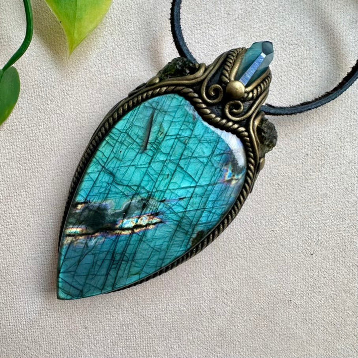 Labradorite Aqua Aura Quartz and Moldavite Crystal Necklace, One of a kind Gemstone Jewelry - FairyGardenGlow
