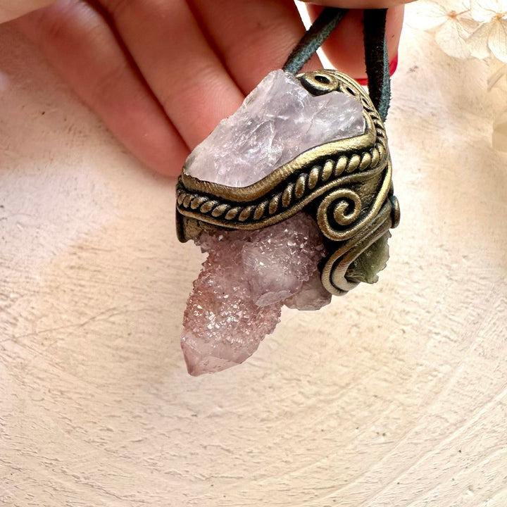 Spirit Quartz Raw Rose Quartz and Moldavite Pendant, Raw Crystal Necklace - FairyGardenGlow