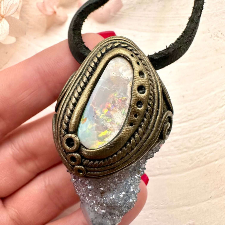 Aqua Aura Spirit Quartz and Coober Pedy Australian Opal Necklace - FairyGardenGlow