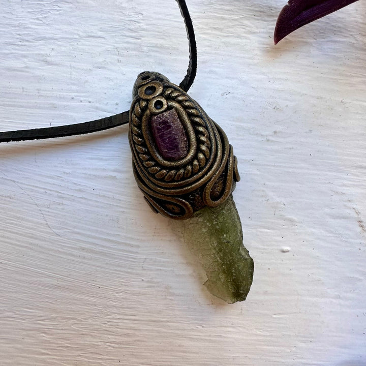 Moldavite and Ruby Necklace - FairyGardenGlow
