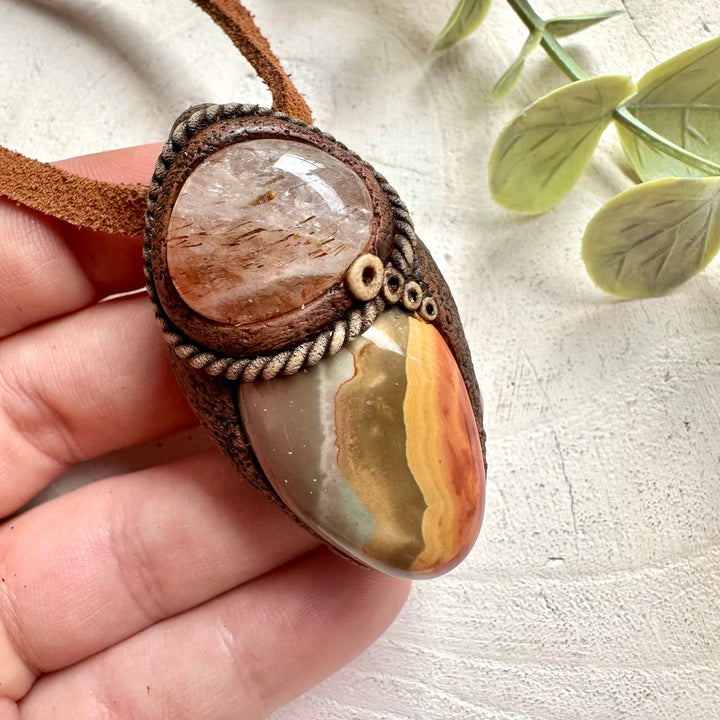 Crystal talisman necklace made with genuine Polychrome Jasper and Hematite Quartz.