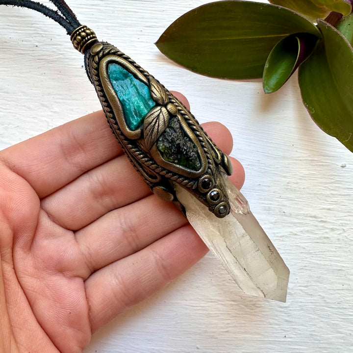 Kundalini Citrine Chrysocolla Moldavite and Blue Sapphire Wand / Pendant, Healing Crystal Tool - FairyGardenGlow