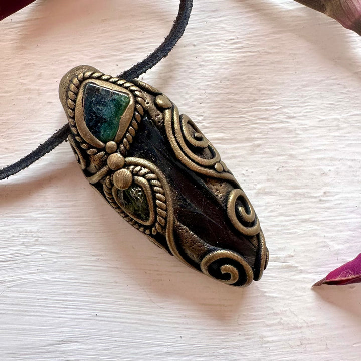 Vivianite Blue-Green Tourmaline and Moldavite Pendant Necklace - FairyGardenGlow