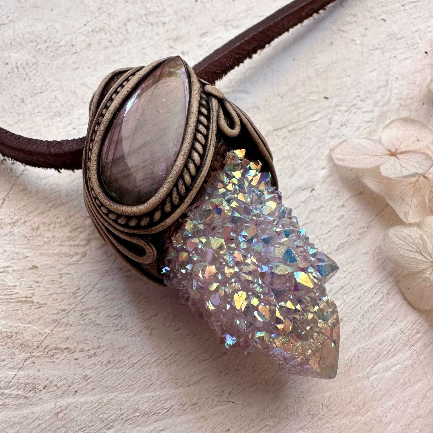 Angel Aura Spirit Quartz and Pink Labradorite Necklace - FairyGardenGlow
