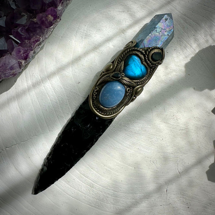 Black Obsidian Arrowhead with Aqua Aura Quartz Labradorite Heart Angelite and Smoky Quartz and Black Onyx Wand - FairyGardenGlow
