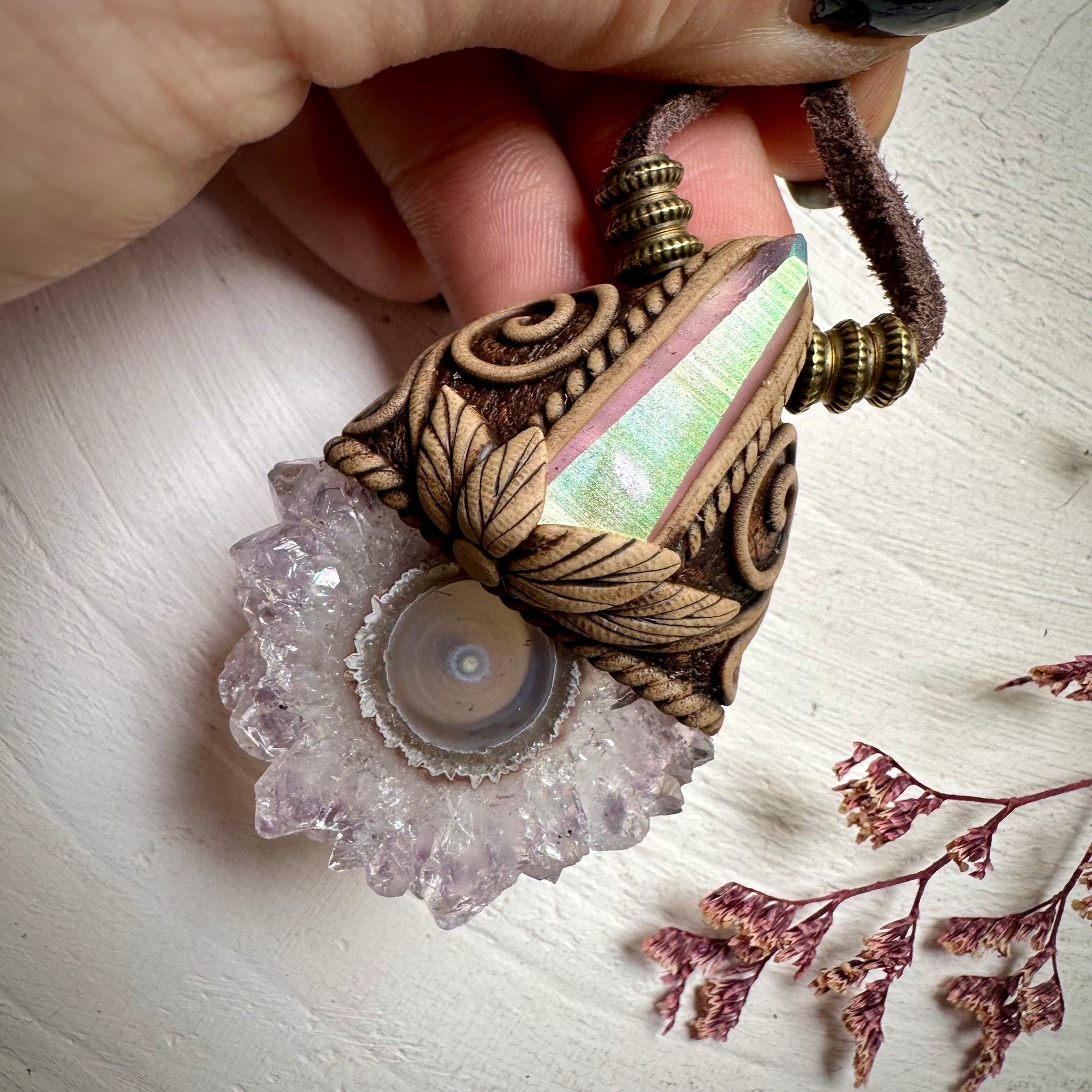 Amethyst Stalactite and Angel Aura Quartz Necklace