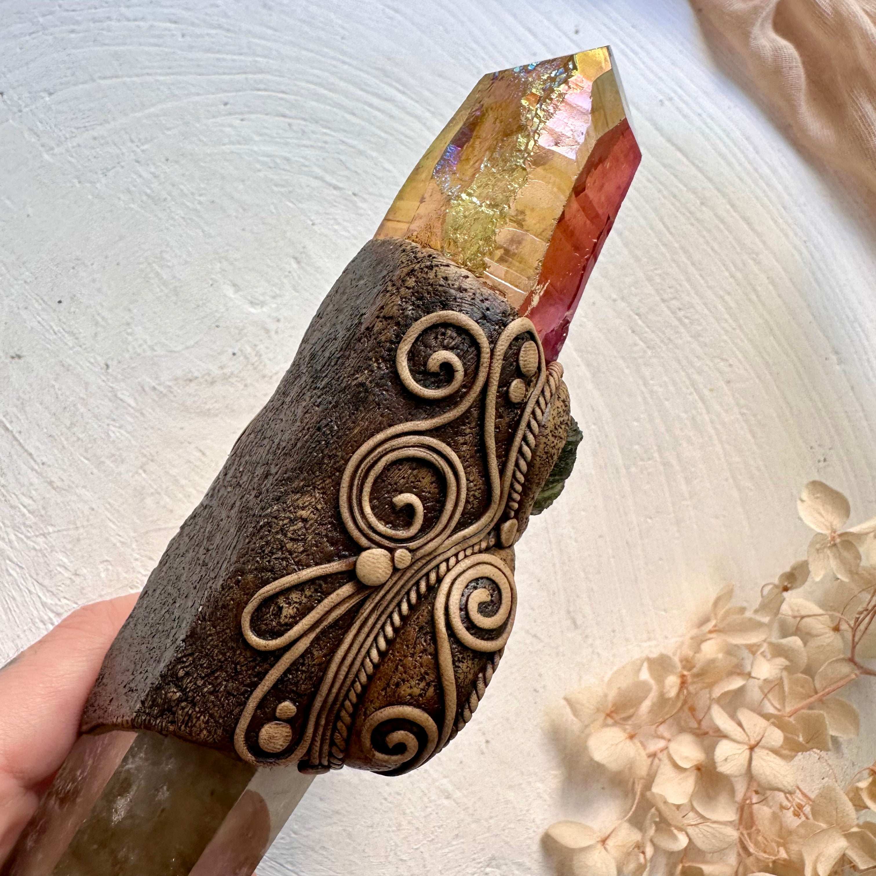 Crystal Wand - Citrine, Sunset Aura Quartz, Ammonite, Rhodochrosite, Charoite, Moldavite and Ruby - FairyGardenGlow