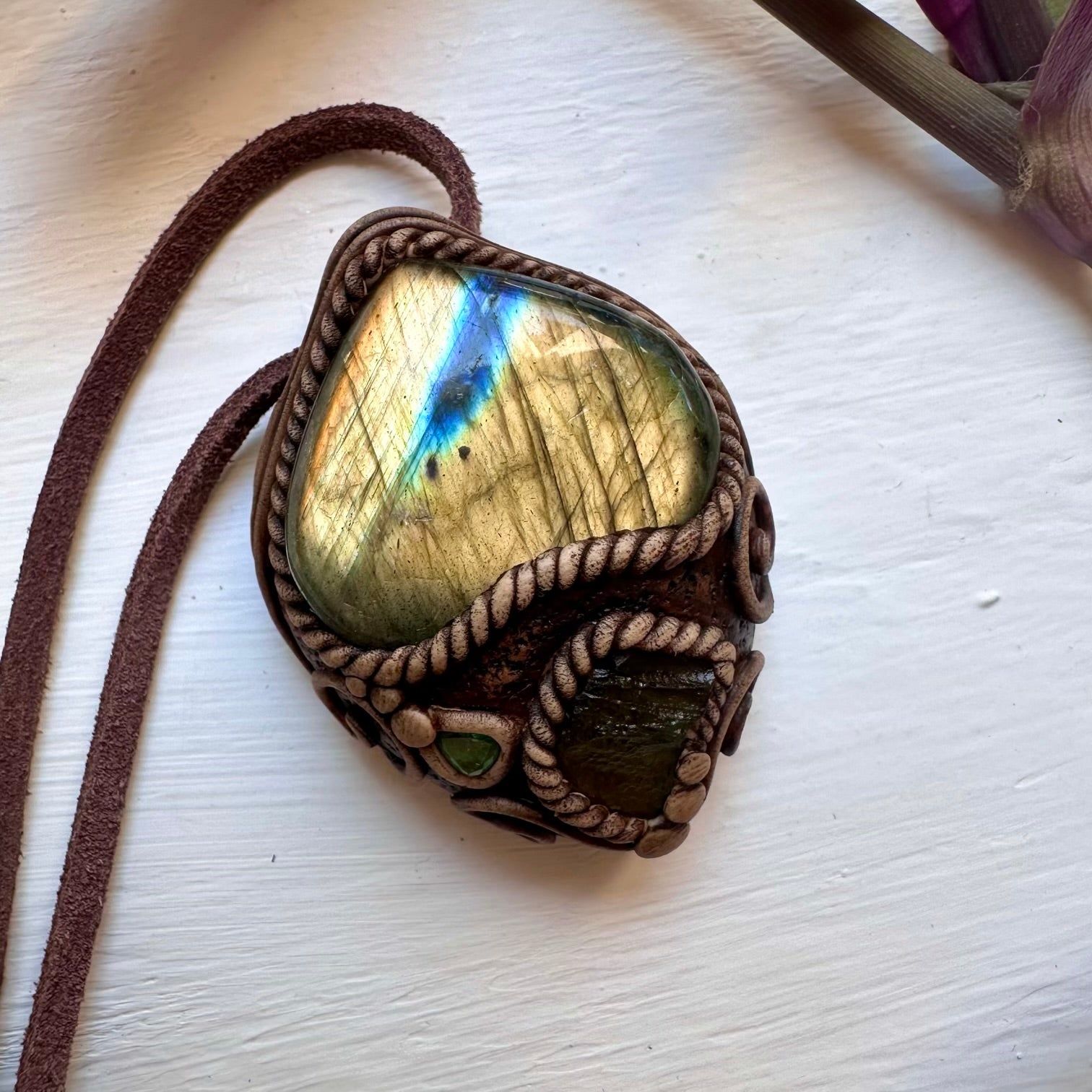 Labradorite Moldavite and Emerald Necklace - FairyGardenGlow