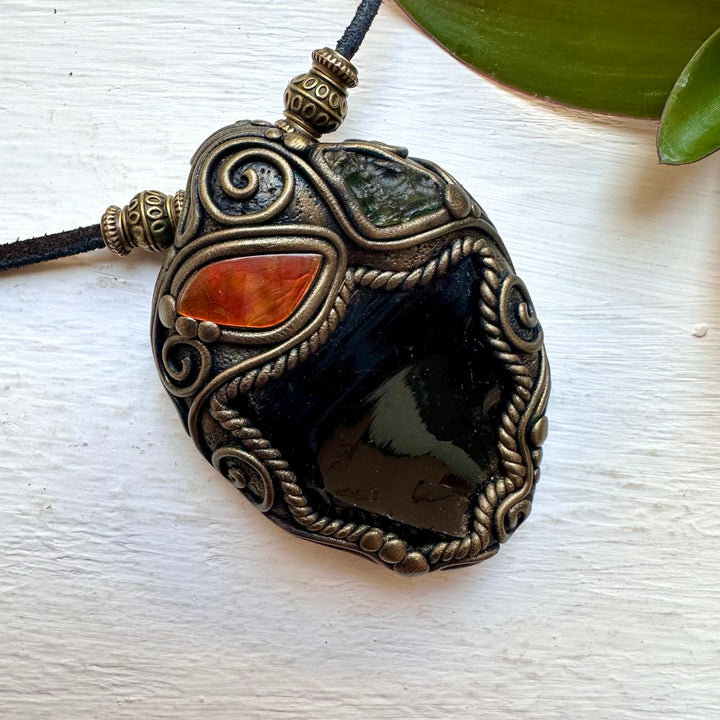 Black Obsidian Ammolite and Moldavite Necklace - FairyGardenGlow