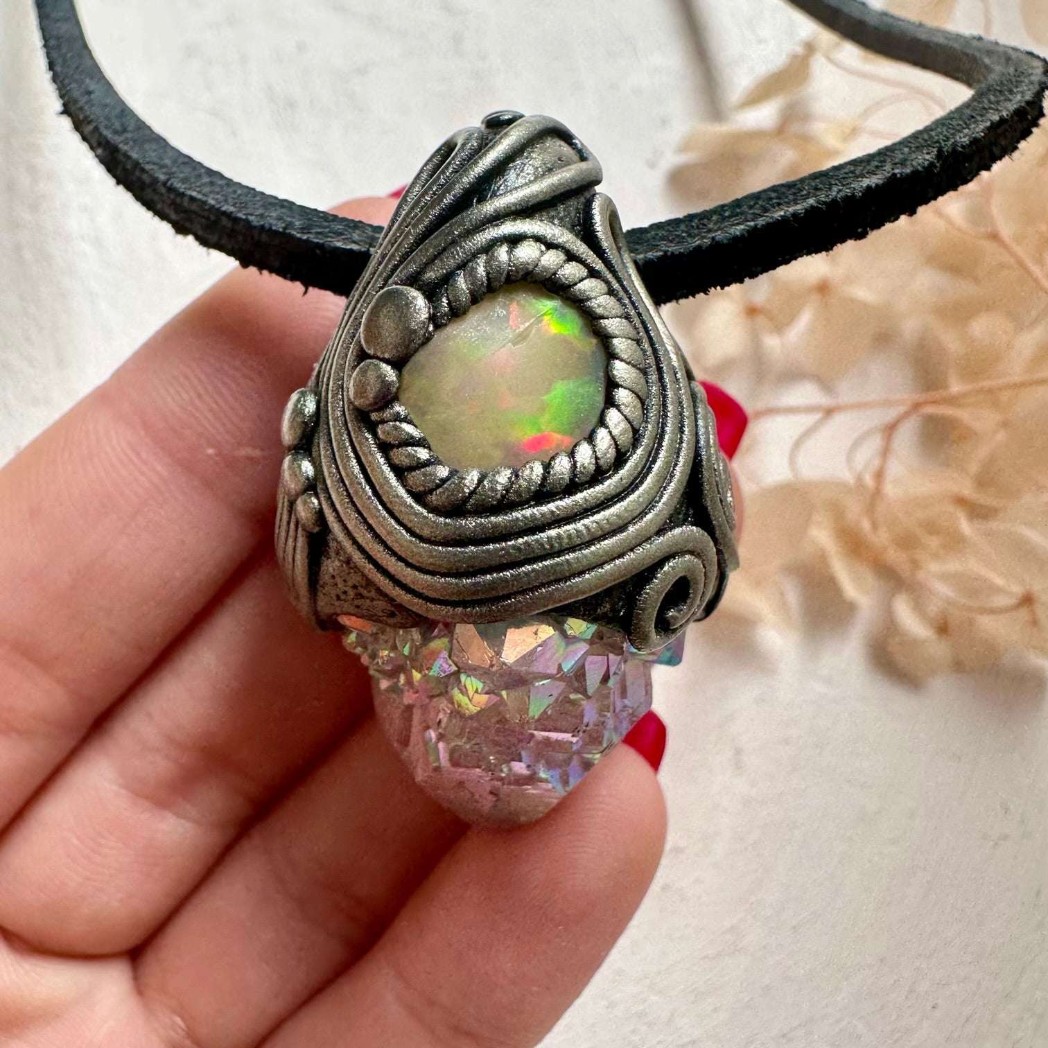 Angel Aura Spirit Quartz and Raw Opal Necklace - FairyGardenGlow