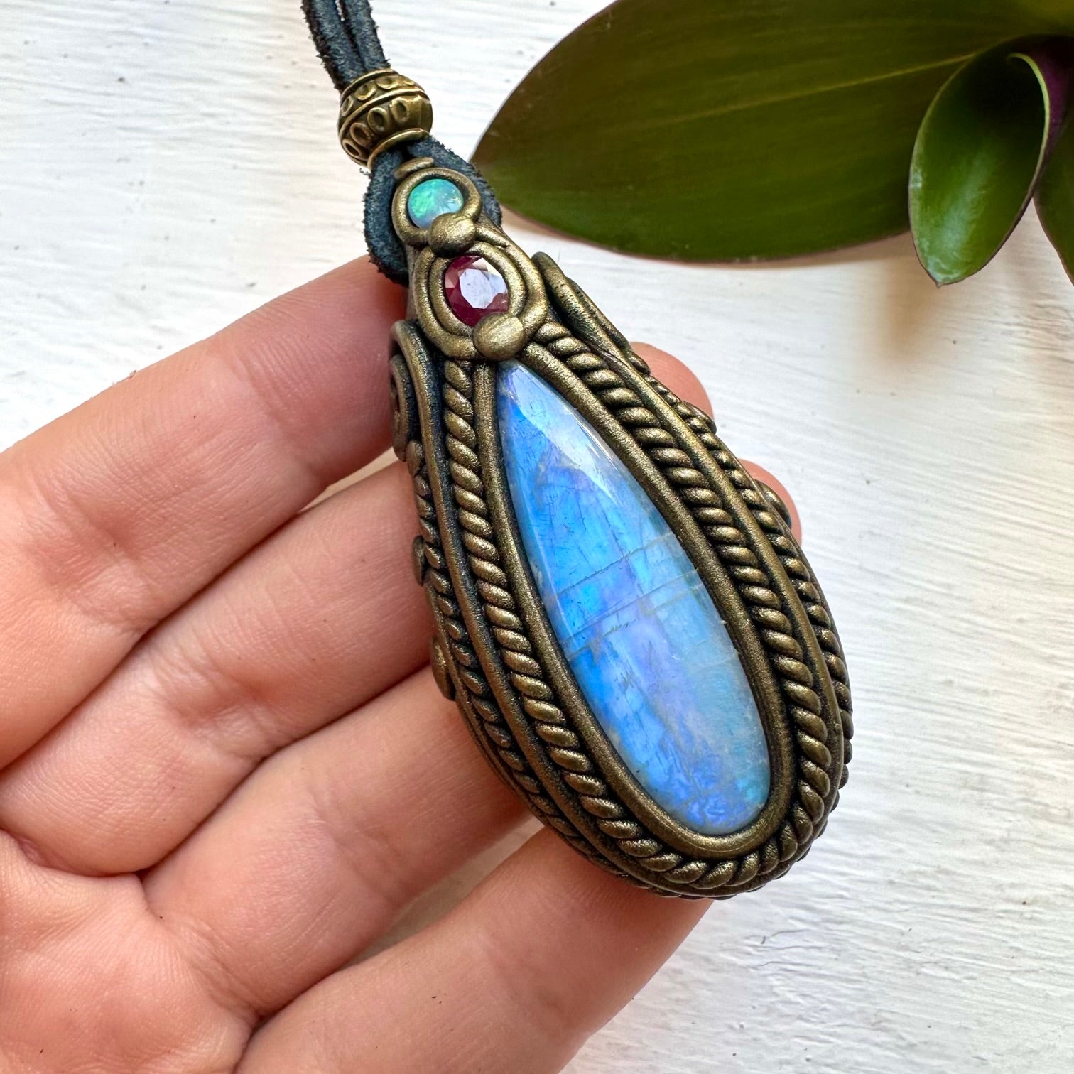 Rainbow Moonstone Ruby and Australian Opal Necklace - FairyGardenGlow