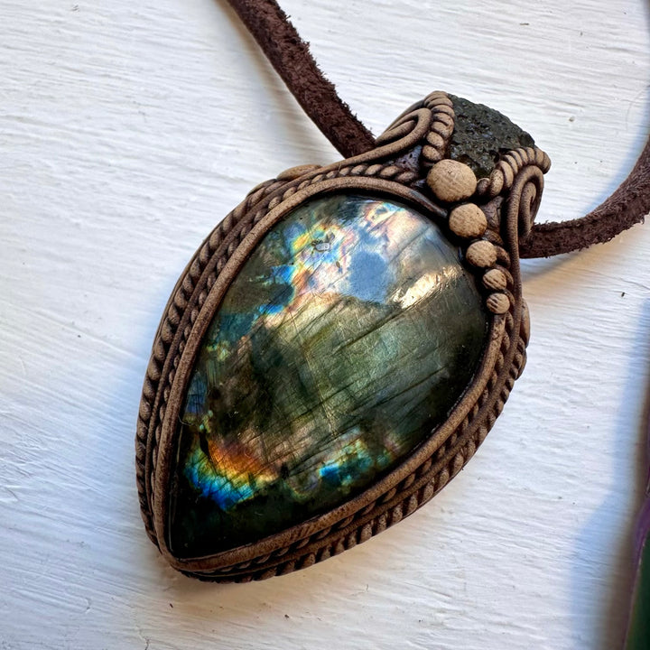 Labradorite and Moldavite Pendant Necklace, Handmade One of a Kind Jewelry - FairyGardenGlow