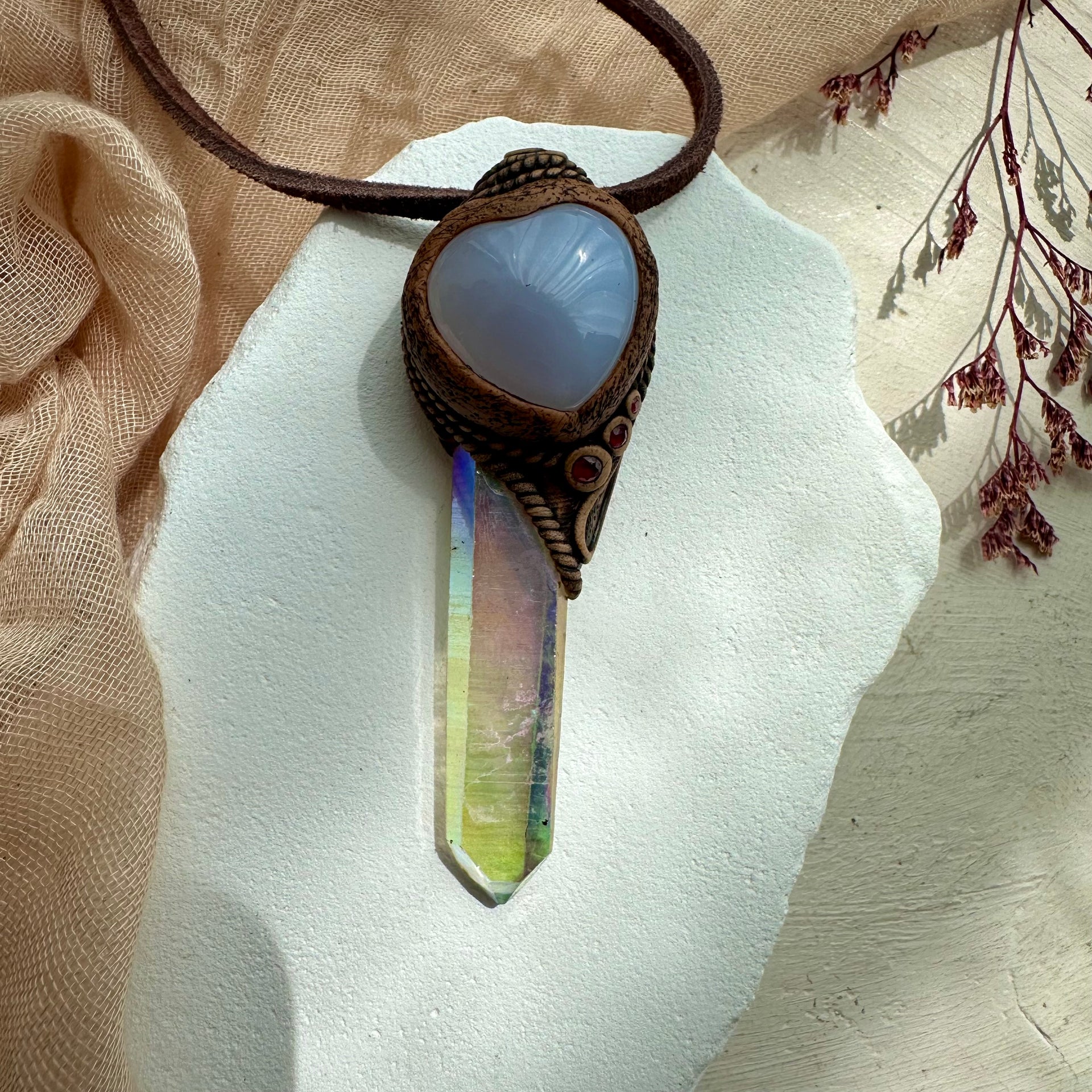 Angel Aura Quartz Blue Chalcedony and Ruby Pendant Necklace