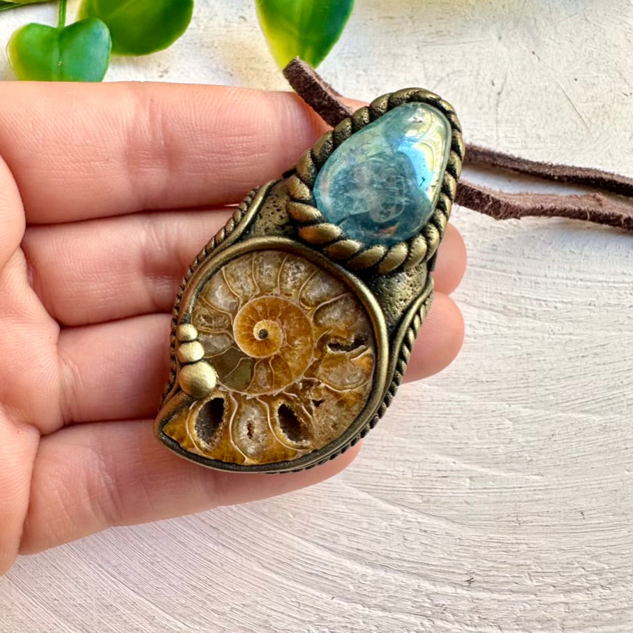 Ammonite and Aqua Aura Quartz Pendant Necklace, Healing Crystal Jewelry