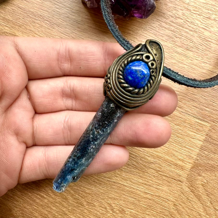 Blue Kyanite and Lapis Lazuli Necklace, Unisex Handmade Jewelry - FairyGardenGlow