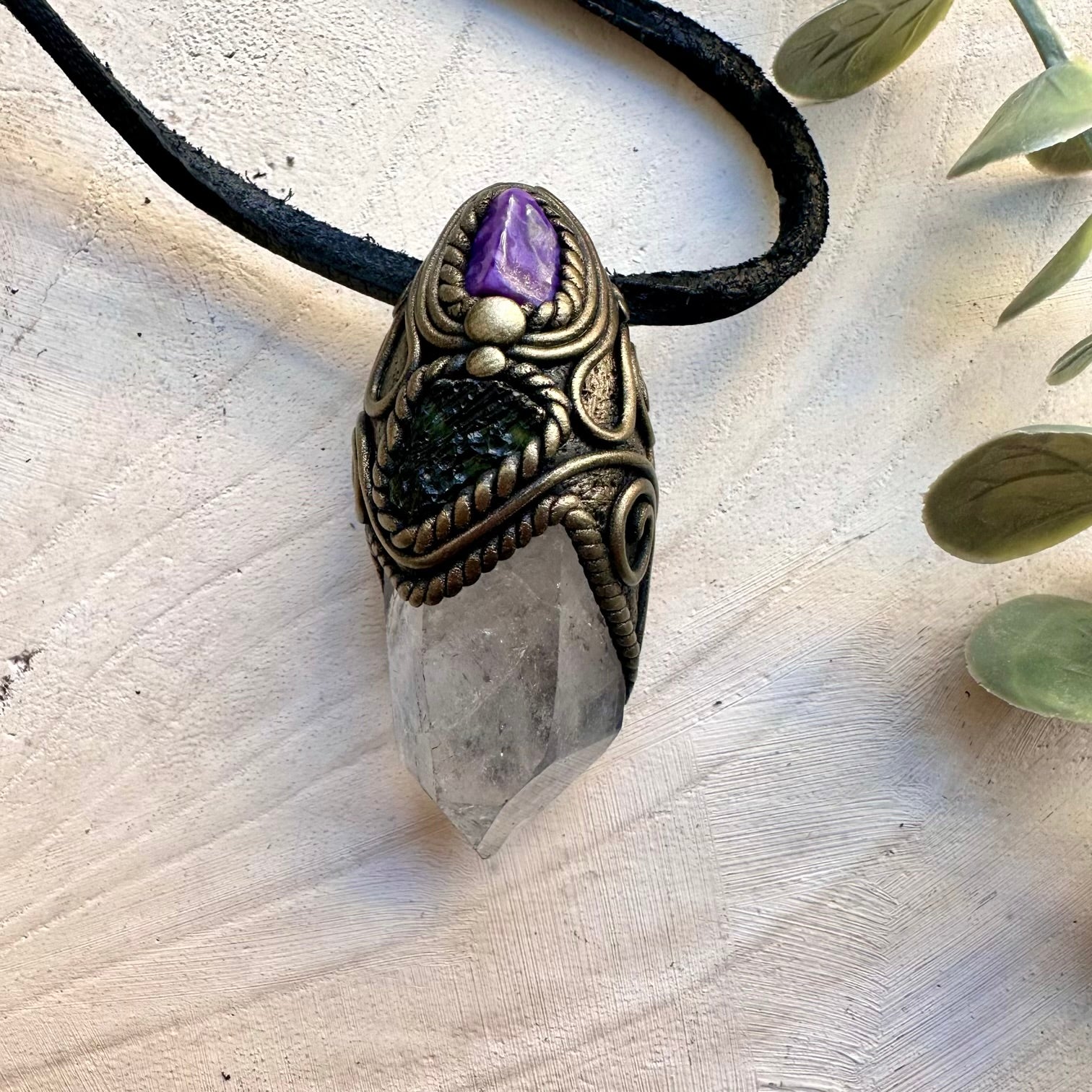 Clear Quartz Moldavite and Charoite Necklace