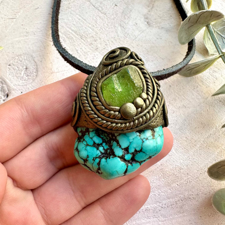Turquoise and Peridot necklace handcrafted as unisex healing crystal jewelry.