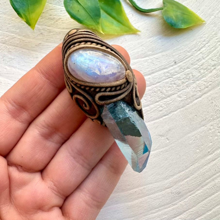 Rainbow Moonstone and Aqua Aura Quartz Necklace, Healing Crystal Jewelry - FairyGardenGlow