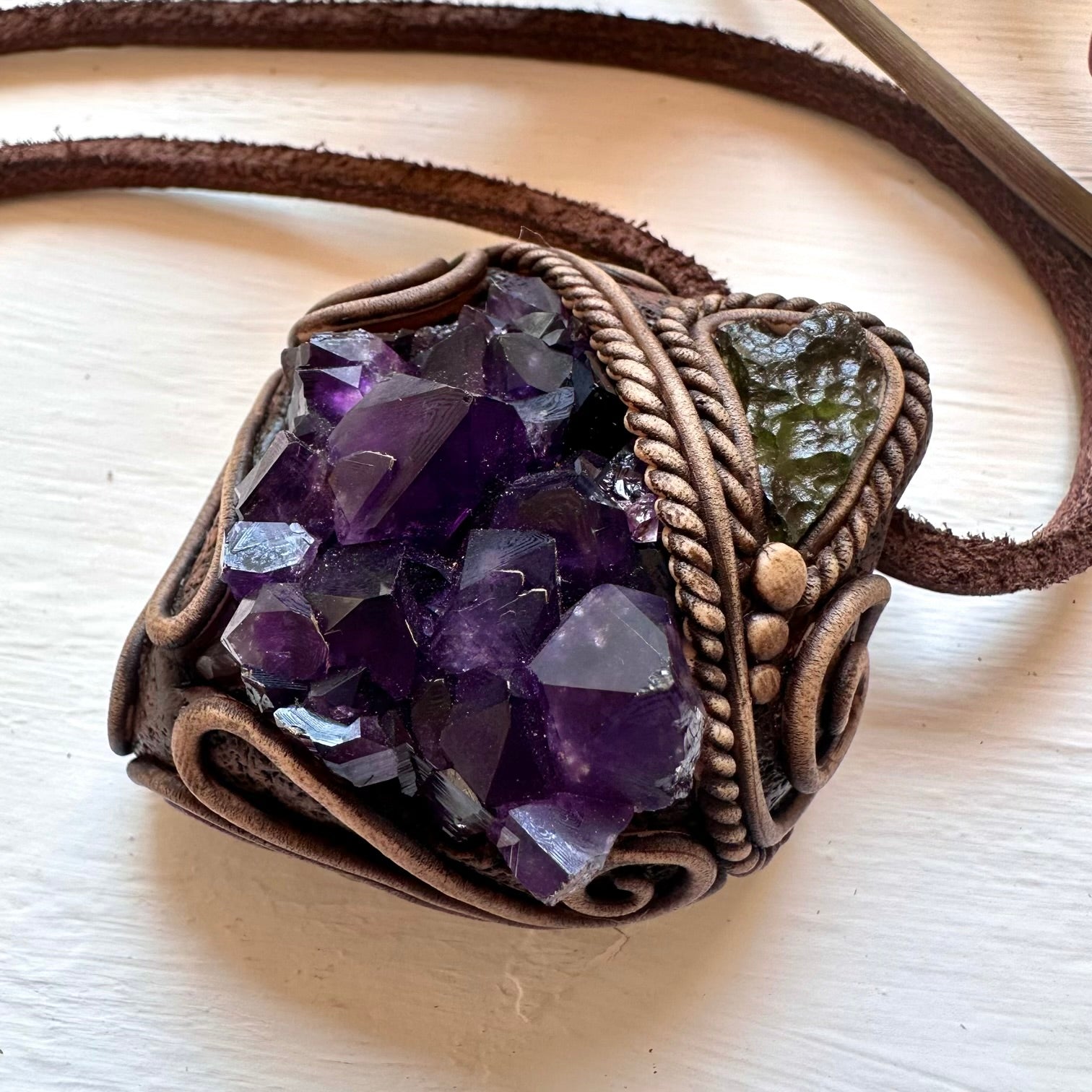 Amethyst Cluster and Moldavite Pendant Necklace - FairyGardenGlow