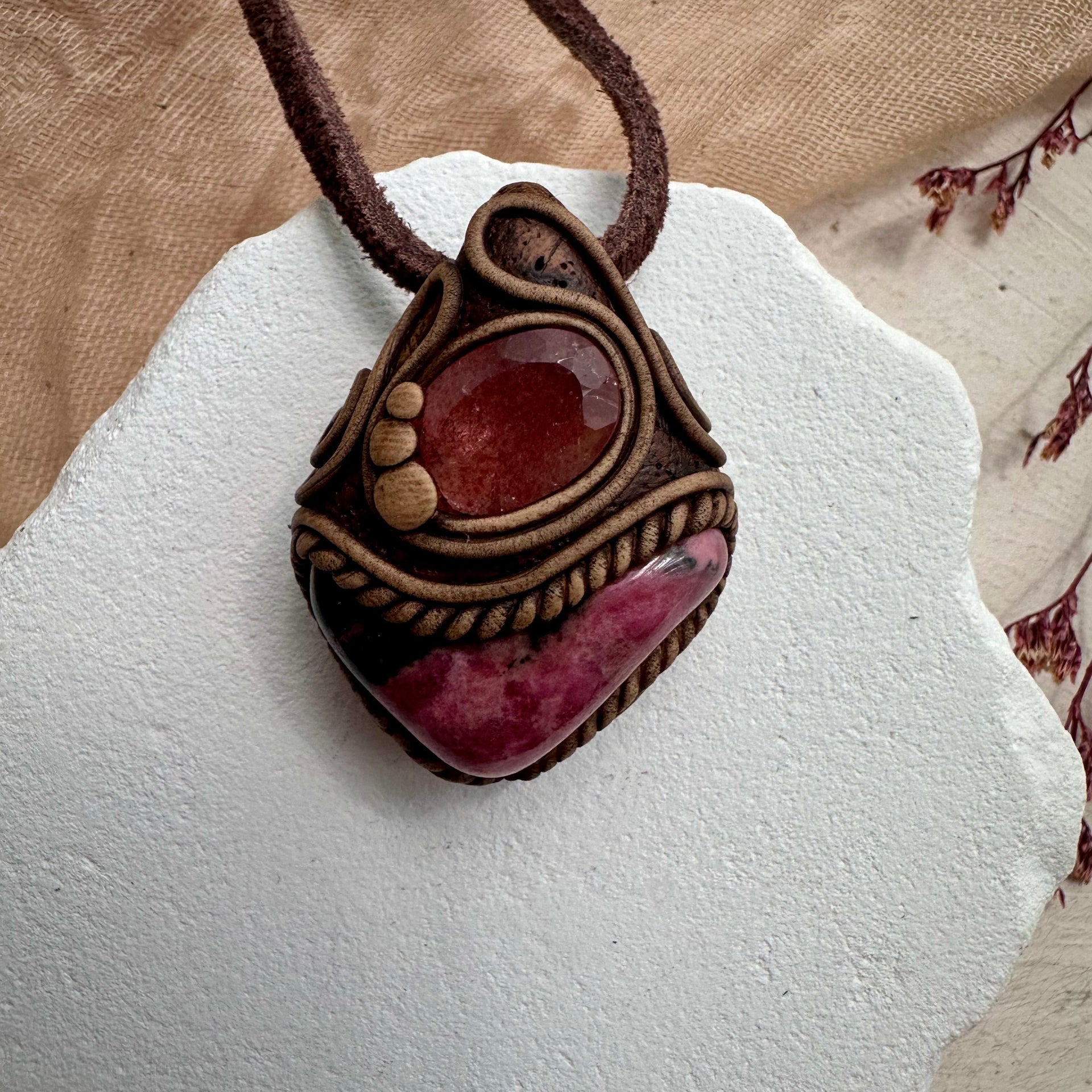 Rhodonite and Strawberry Quartz Pendant Necklace