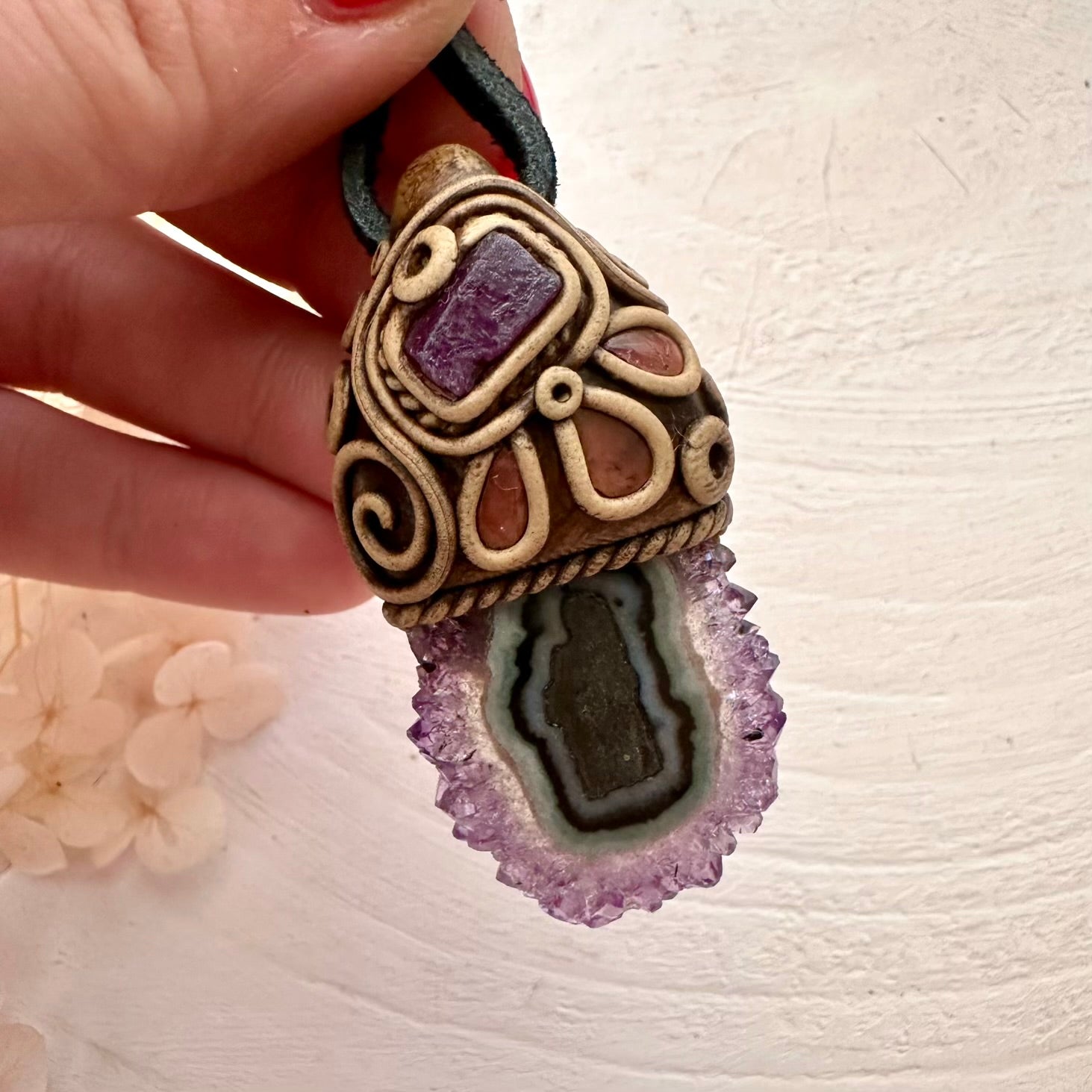 Amethyst Stalactite Ruby and Pink Tourmaline Handmade Crystal Necklace - FairyGardenGlow