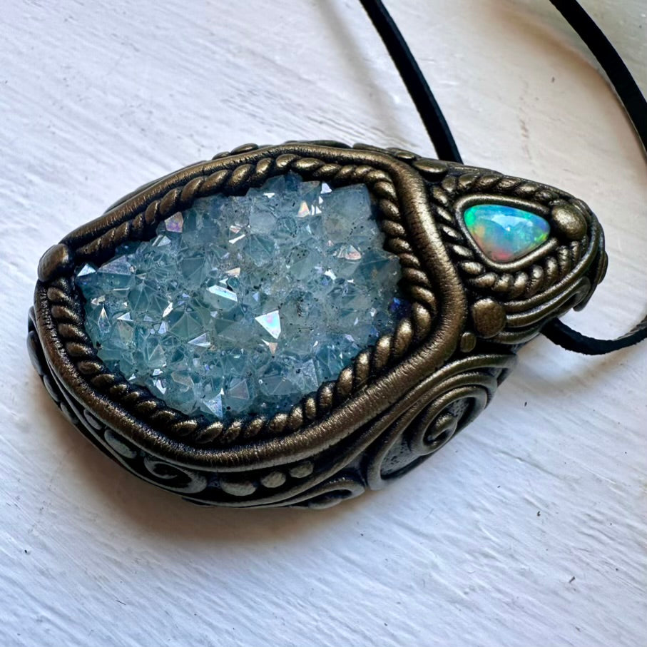 Aqua Aura Quartz Cluster and Australian Opal Necklace - FairyGardenGlow