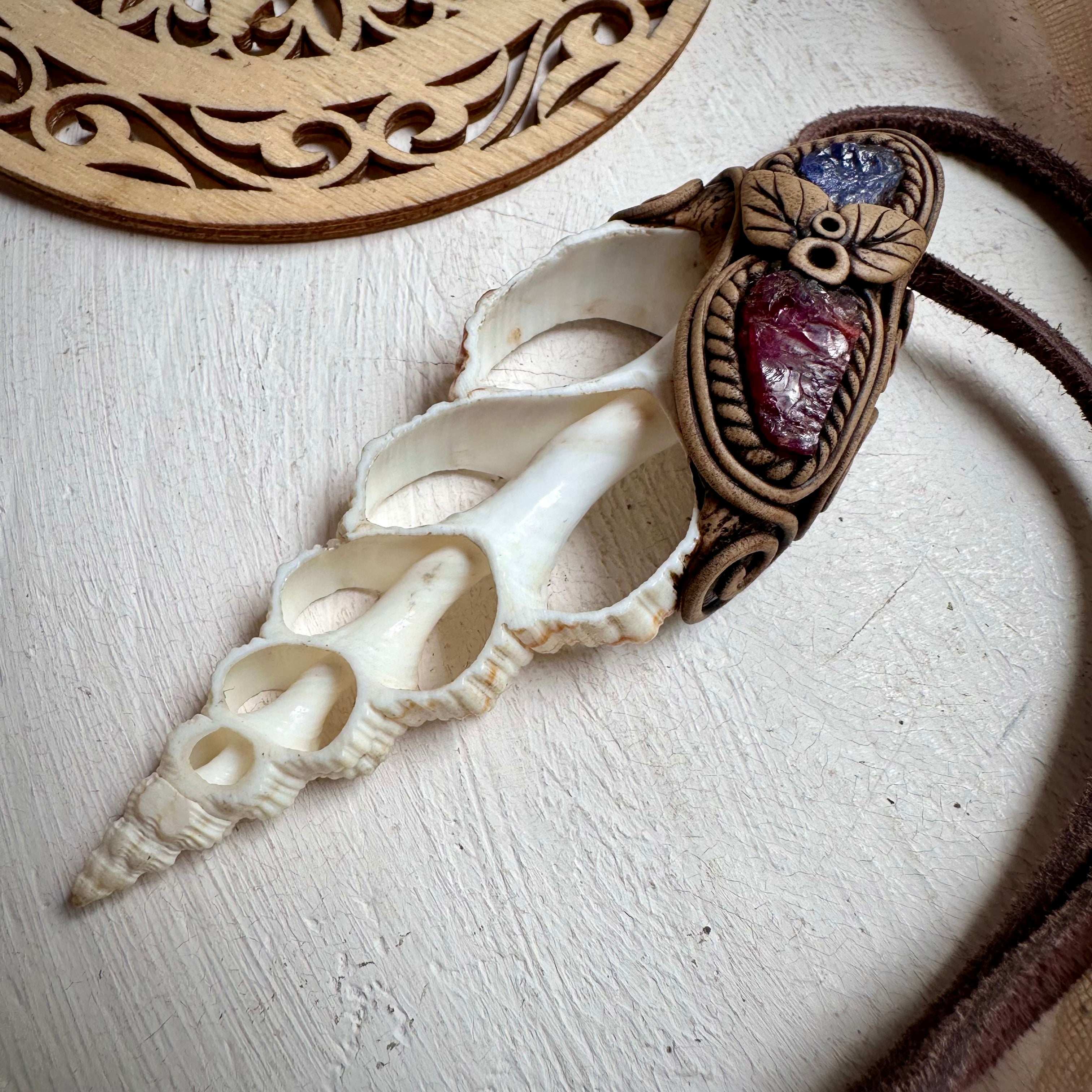 Seashell Rhodolite Garnet and Tanzanite Necklace - FairyGardenGlow