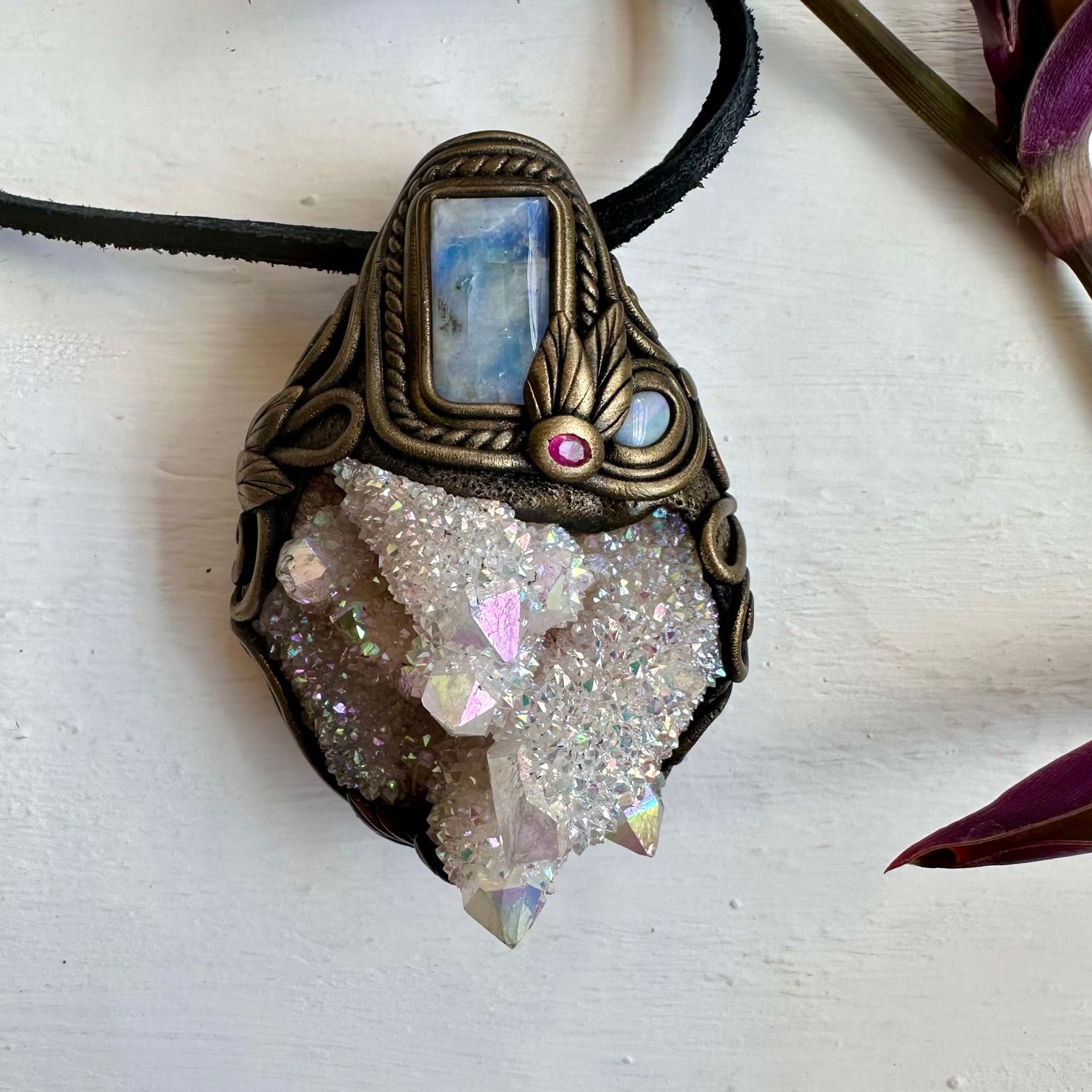 Angel Aura Spirit Quartz Rainbow Moonstone Australian Opal and Ruby Wand / Necklace - FairyGardenGlow