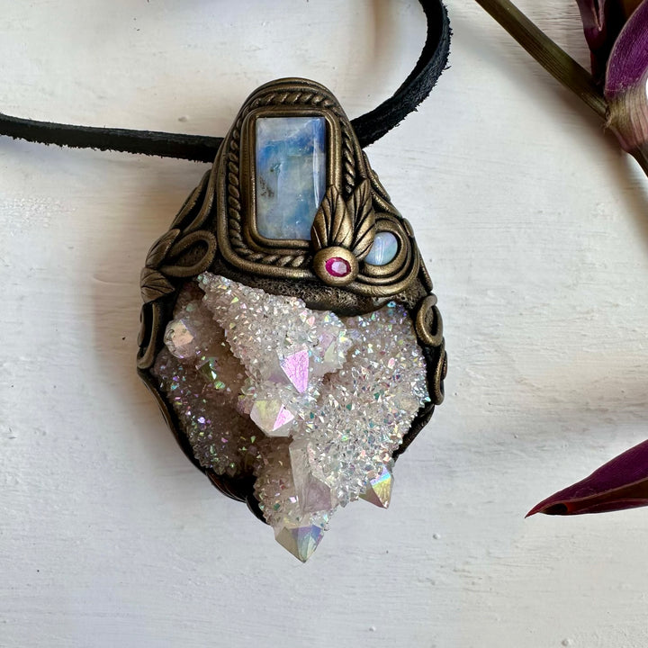 Angel Aura Spirit Quartz Rainbow Moonstone Australian Opal and Ruby Wand / Necklace - FairyGardenGlow