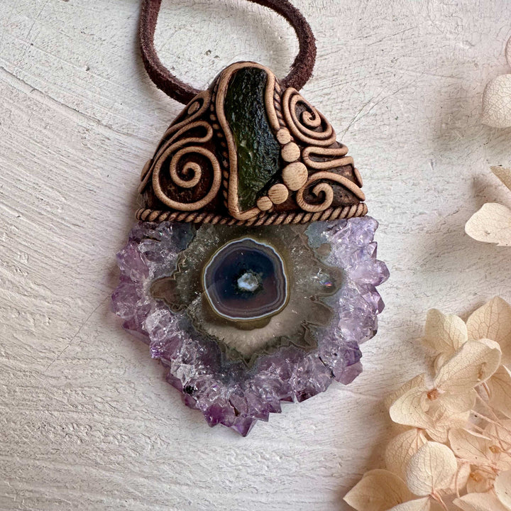 Amethyst Stalactite and Moldavite Pendant Necklace - FairyGardenGlow