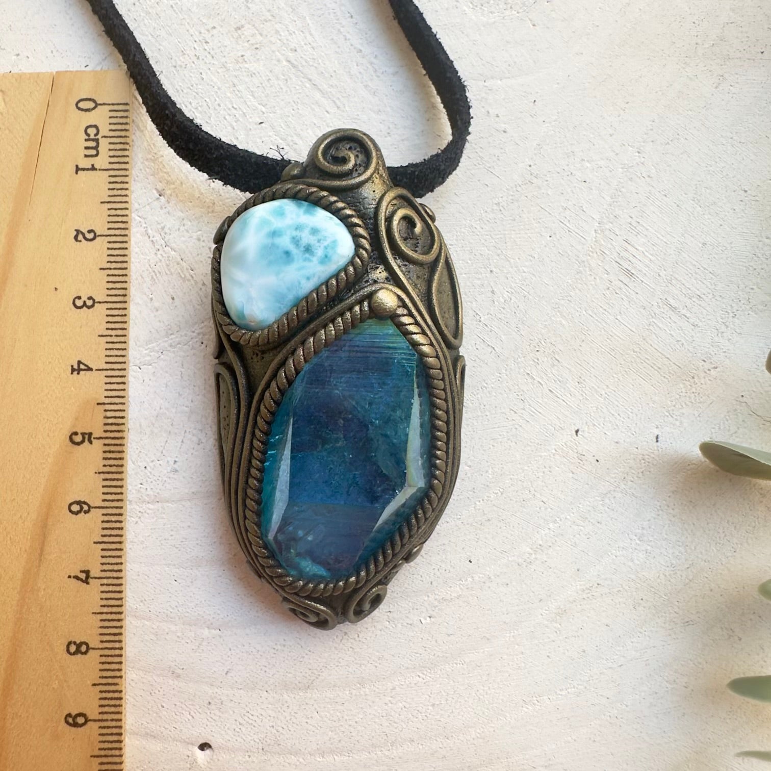 Fairy crystal jewelry with Larimar gemstone and aqua aura quartz crystal