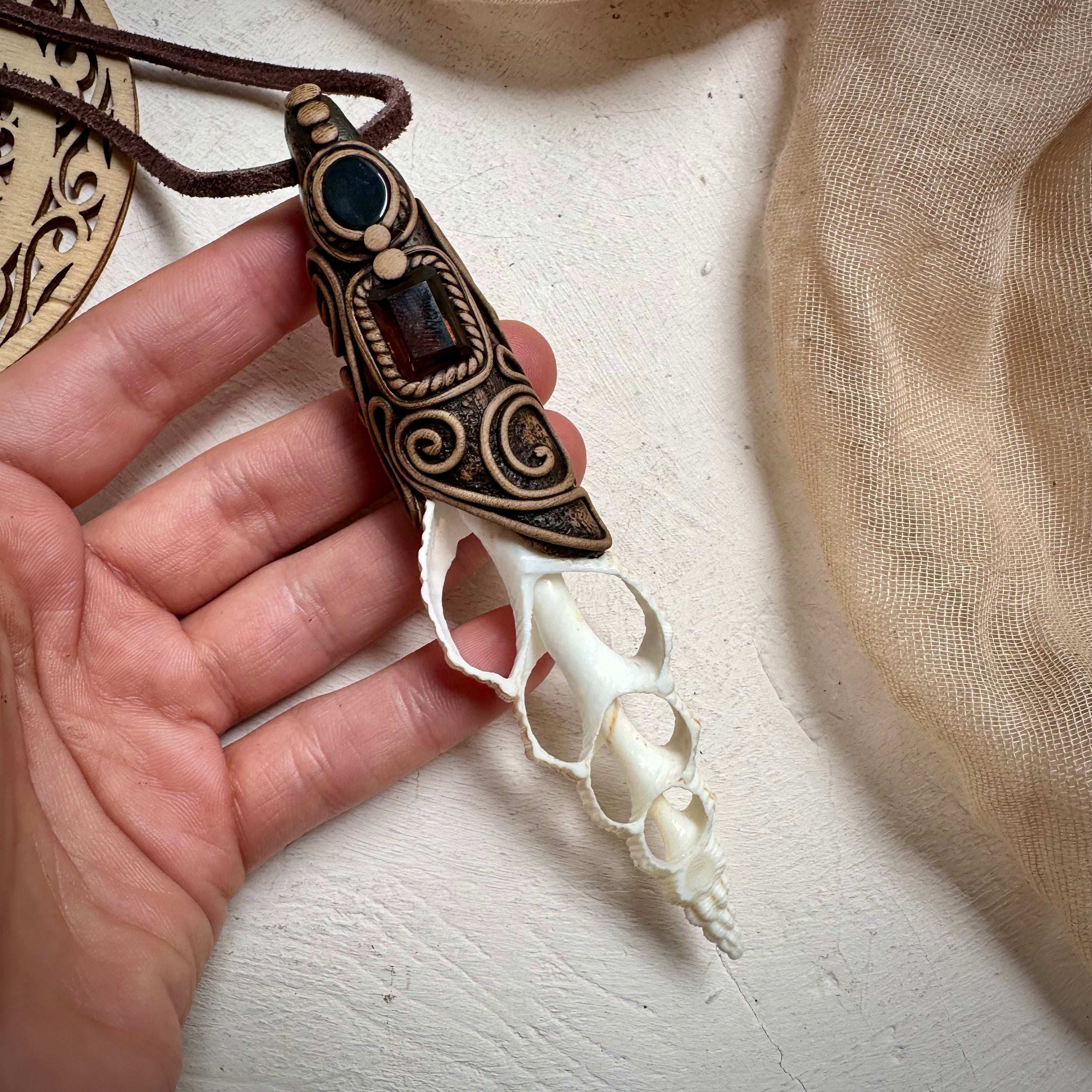 Smoky Citrine and Black Onyx Seashell Necklace - FairyGardenGlow