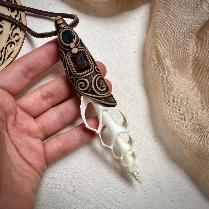 Smoky Citrine and Black Onyx Seashell Necklace - FairyGardenGlow