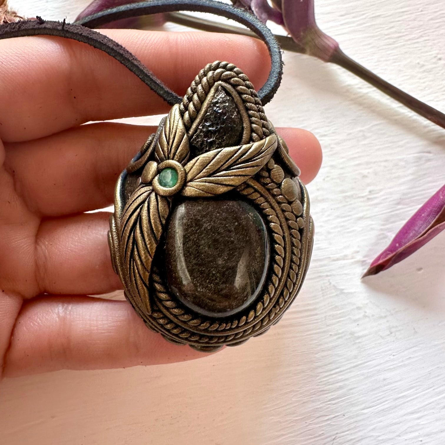 Gold Sheen Obsidian Moldavite and Emerald Necklace - FairyGardenGlow