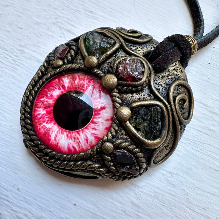 Moldavite and Garnet Eye Necklace - FairyGardenGlow