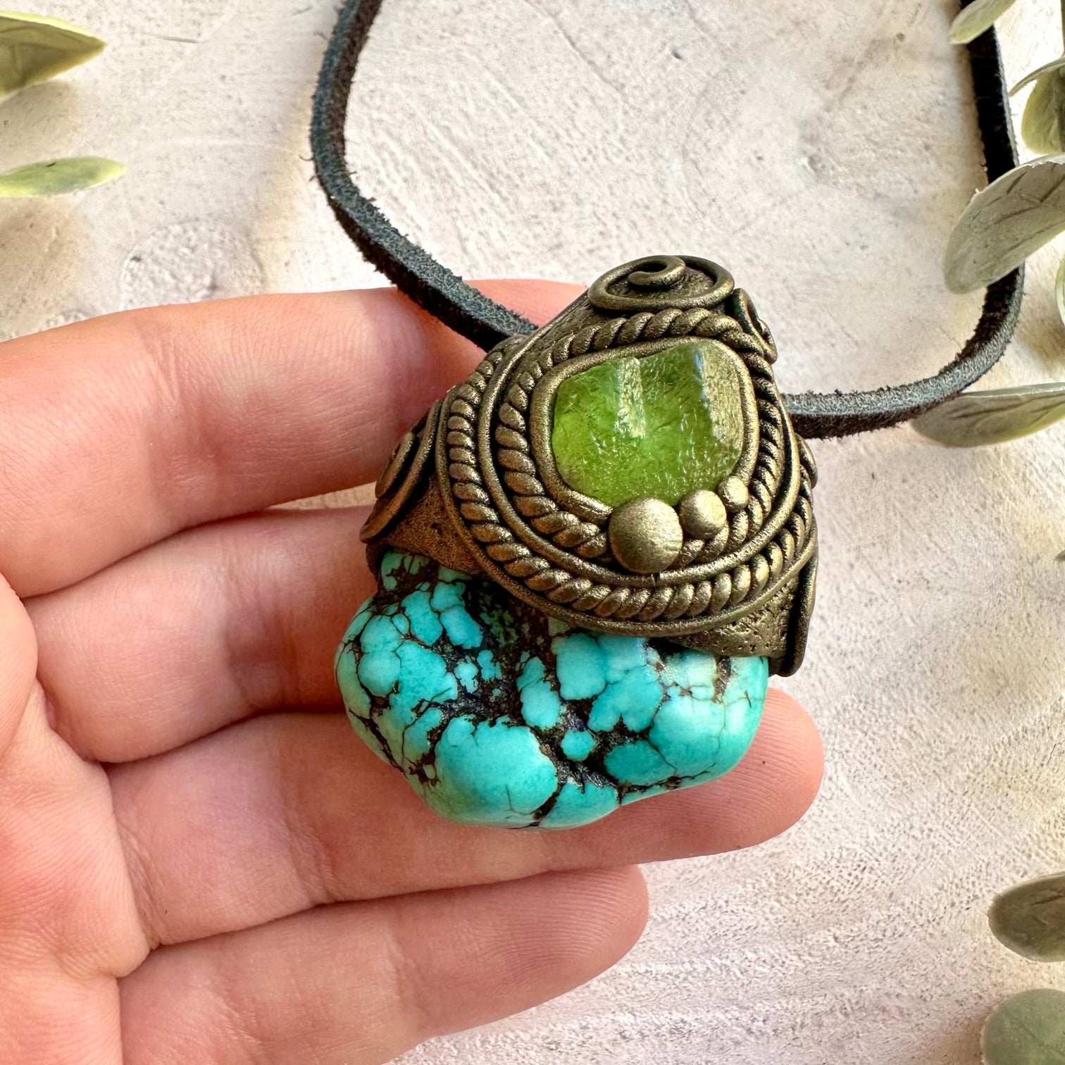 Handmade healing crystal jewelry with Turquoise and Peridot in a natural gemstone design.