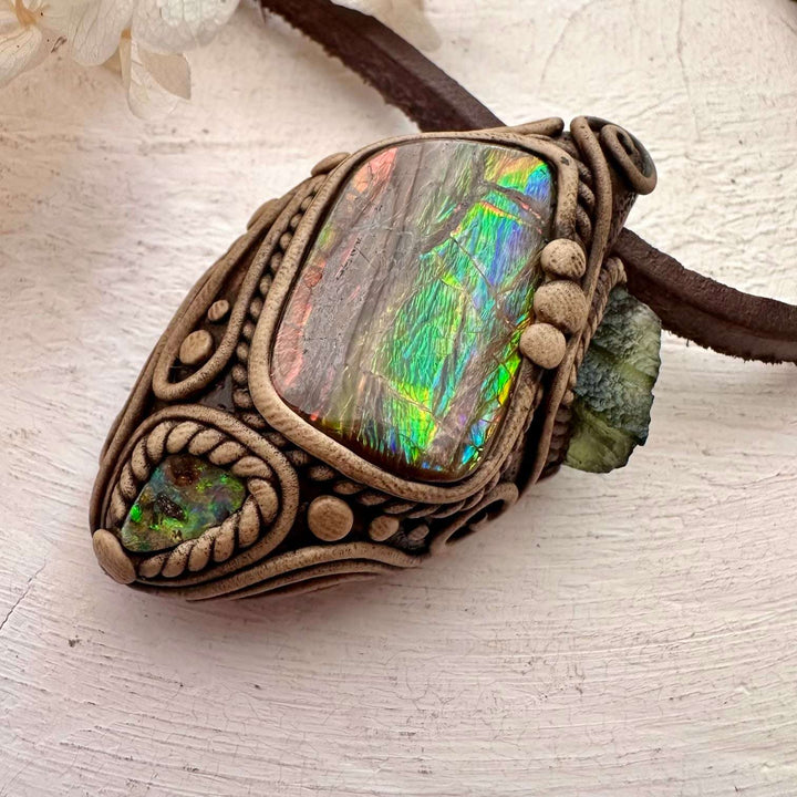 Ammolite Boulder Opal and Moldavite Necklace - FairyGardenGlow