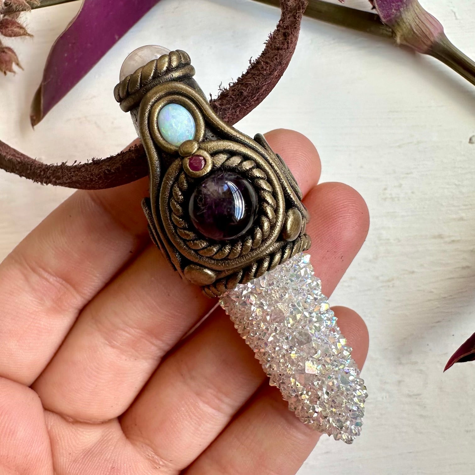 Angel Aura Spirit Quartz Morganite Amethyst Australian Opal and Ruby Pendant Necklace - FairyGardenGlow