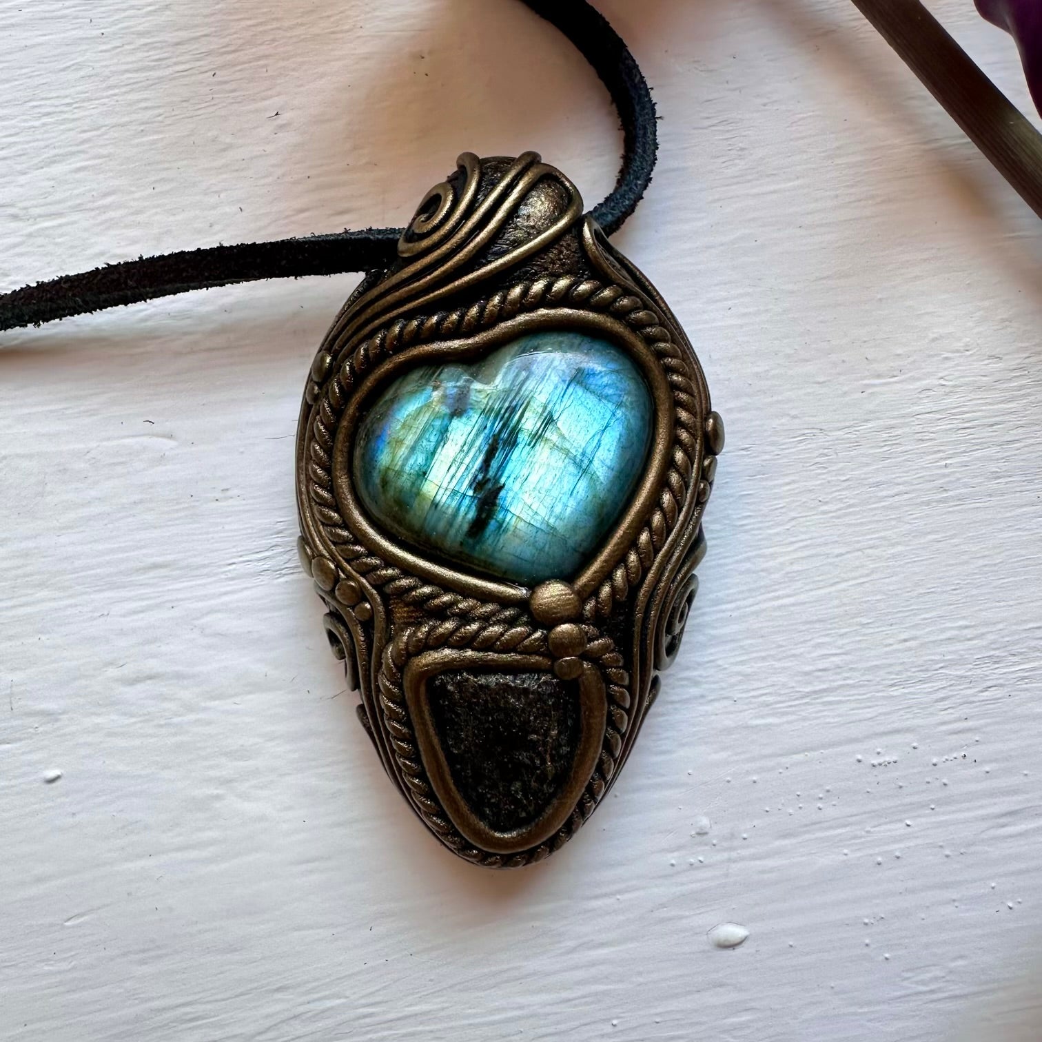 Labradorite Heart and Moldavite Necklace - FairyGardenGlow