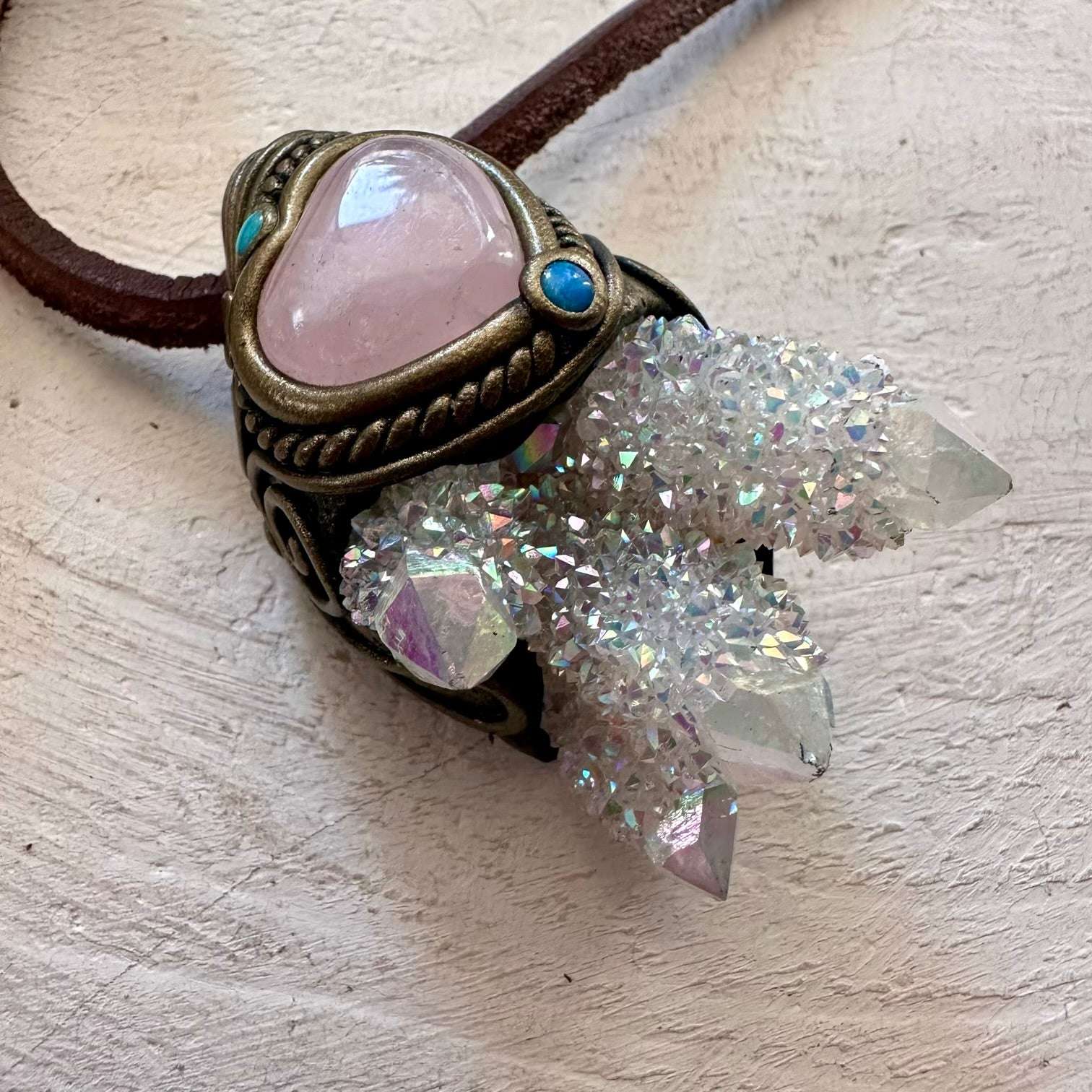 Angel Aura Spirit Quartz Cluster Rose Quartz and Australian Opal Necklace - FairyGardenGlow