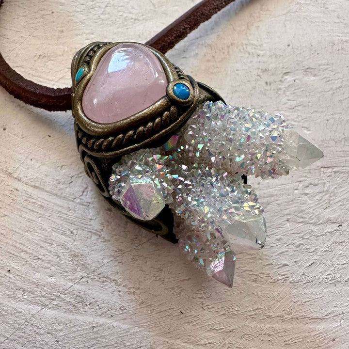 Angel Aura Spirit Quartz Cluster Rose Quartz and Australian Opal Necklace - FairyGardenGlow