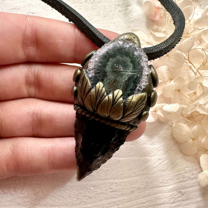 Black Obsidian Arrowhead and Amethyst Stalactite Necklace - FairyGardenGlow